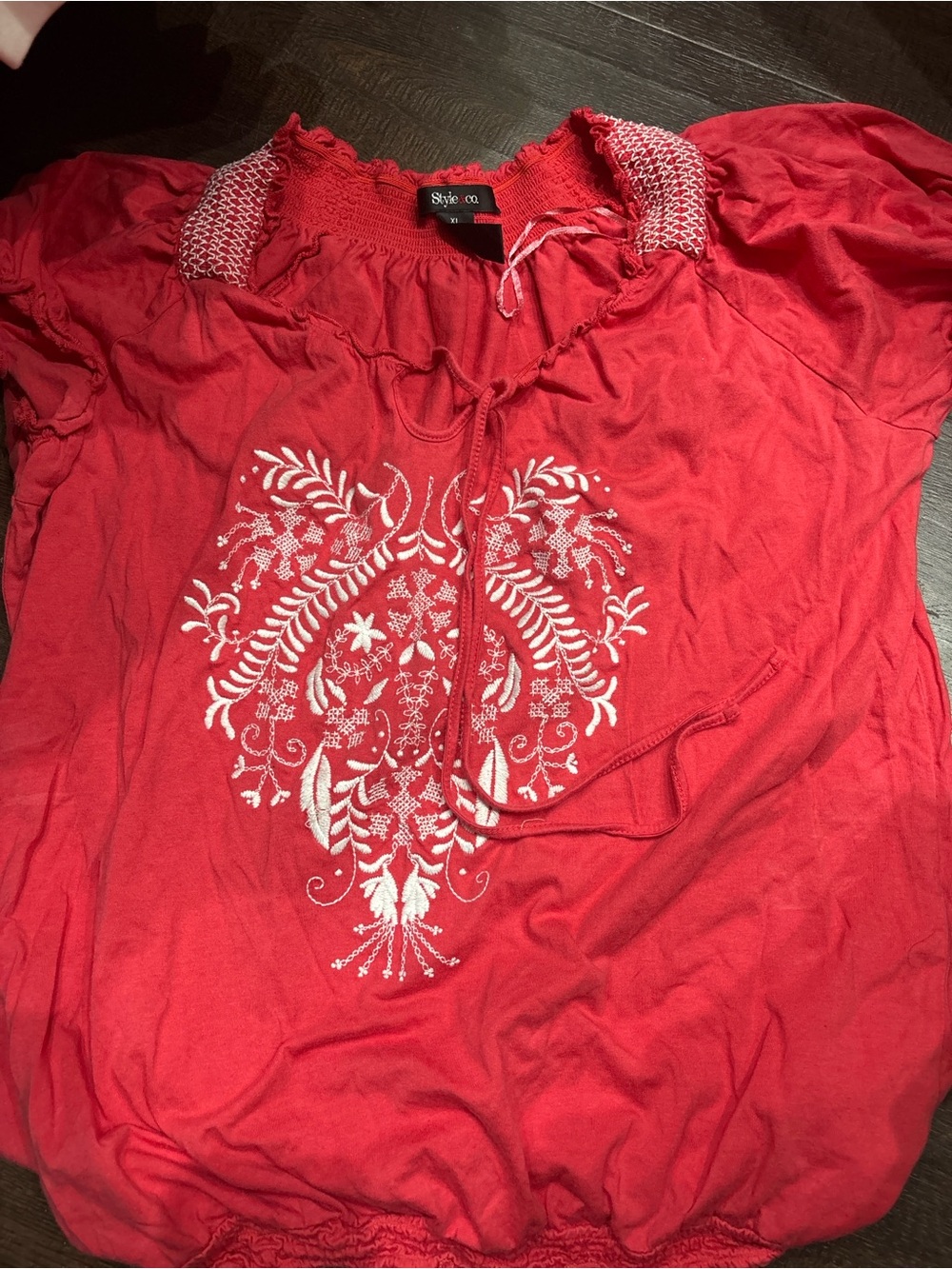 Style & Co. Red Short-Sleeve Embroidered Peasant Blouse